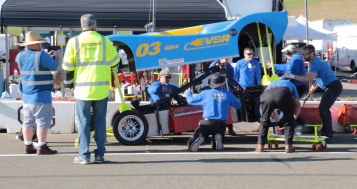 electric race car achieves battery swap during pit stop, finishes endurance race