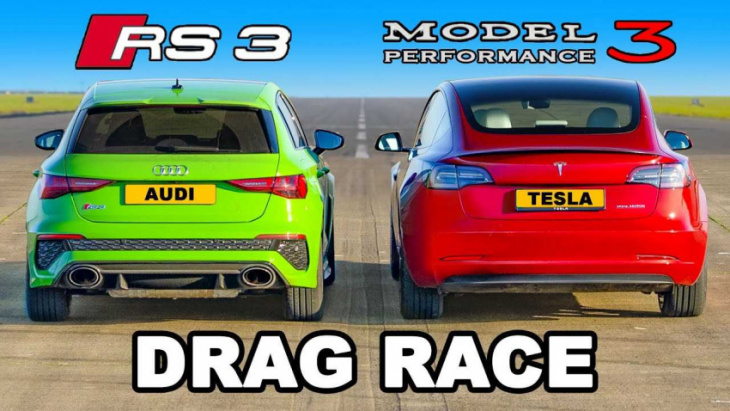 new audi rs3 takes on tesla model 3 in gas vs electric drag race