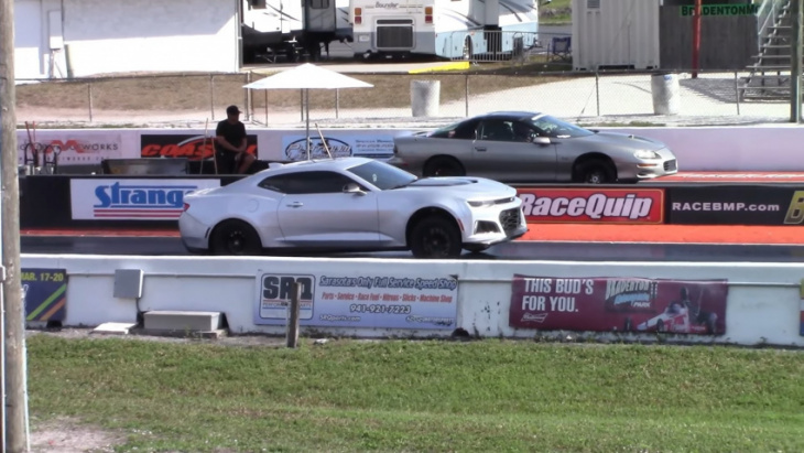 full bolt-on chevy camaro zl1 drags “quickest” c8 corvette, it's not even close