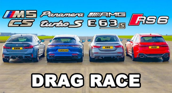bmw m5 cs, mercedes e63 s, audi rs6 and porsche panamera turbo s e-hybrid go toe-to-toe in performance tests