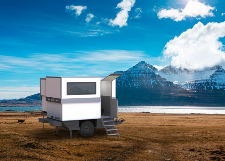 boxy, compact flexcamp camper slides up and out into a 4-person micro-cabin
