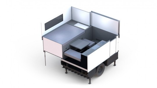 boxy, compact flexcamp camper slides up and out into a 4-person micro-cabin