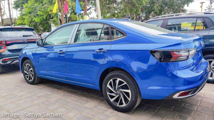 android, volkswagen virtus blue colour arrives at dealer – for display, test drive
