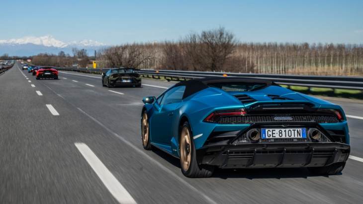 fast company: scorching asphalt and throwing snow in a squadron of lamborghinis!