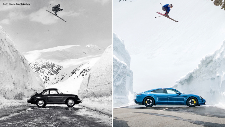 porsche recreates iconic 1960 ski jump photo with taycan turbo