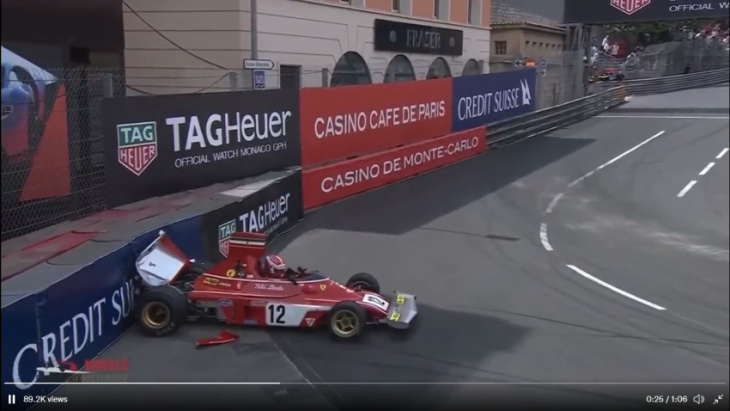 not exactly as planned: charles leclerc crashes niki lauda's early 70s ferrari f1 car at monaco