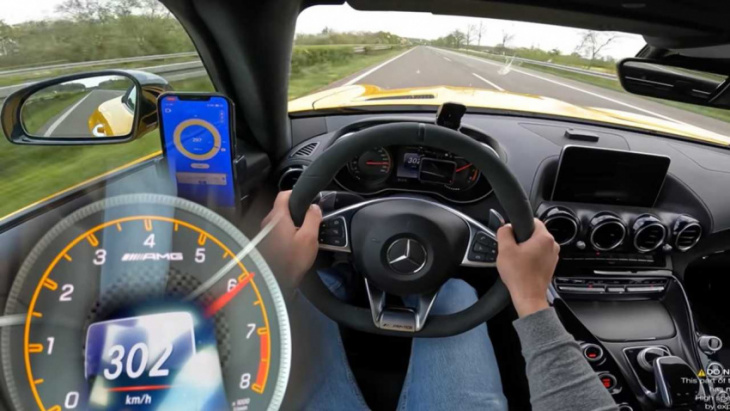 mercedes-amg gt convertible is rather noisy at 188 mph on autobahn