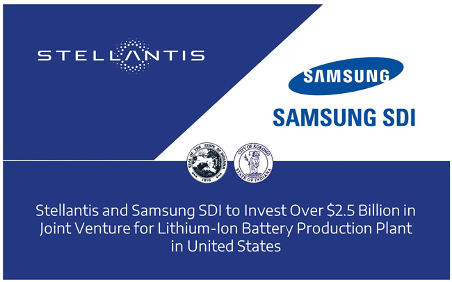 stellantis and samsung sdi to in joint venture for lithium-ion battery production plant u.s.