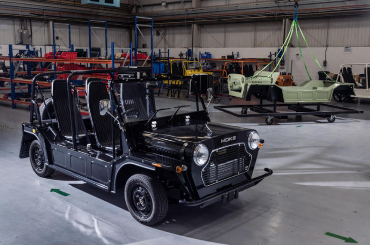 electric mini moke rolls off production line before summer deliveries