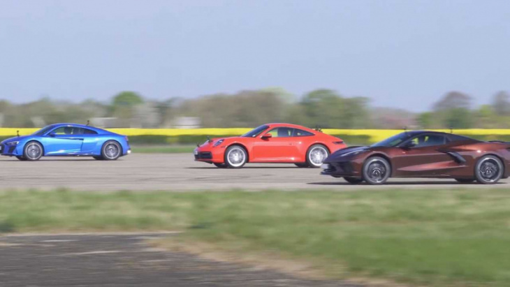 chevy corvette faces 911, audi r8 in a lopsided rwd drag race