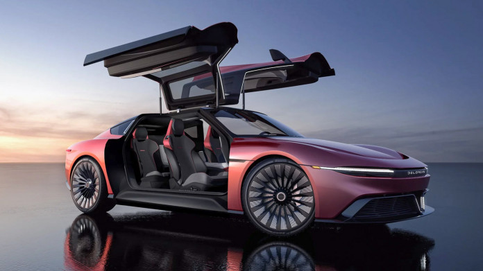 the delorean has resurrected into a sleek ev coupe with gull-wing doors