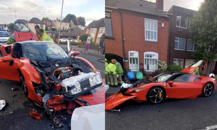 police in search of ferrari sf90 driver who prangs five parked cars