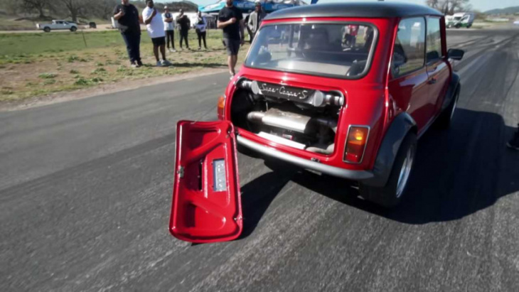 classic mini blows its own doors off racing 1,000-hp charger hellcat