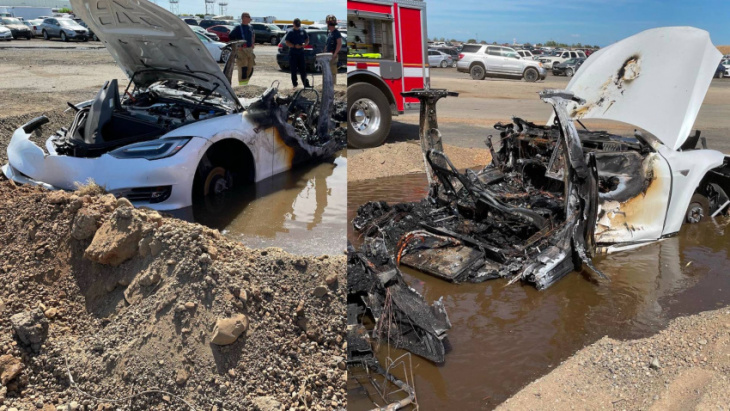 tesla catches fire in sacramento wrecking yard three weeks after accident