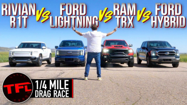 watch rivian r1t drag raced against ford f-150 lightning and ice trucks