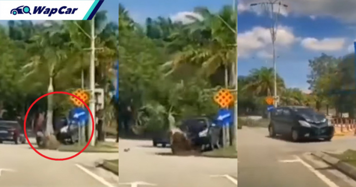 video: myvi shows it's a volvo, crashes into tree but continues driving along unfazed