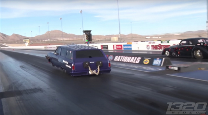 this incredible chevy chevelle malibu wagon drag racer does a wheelie and wins