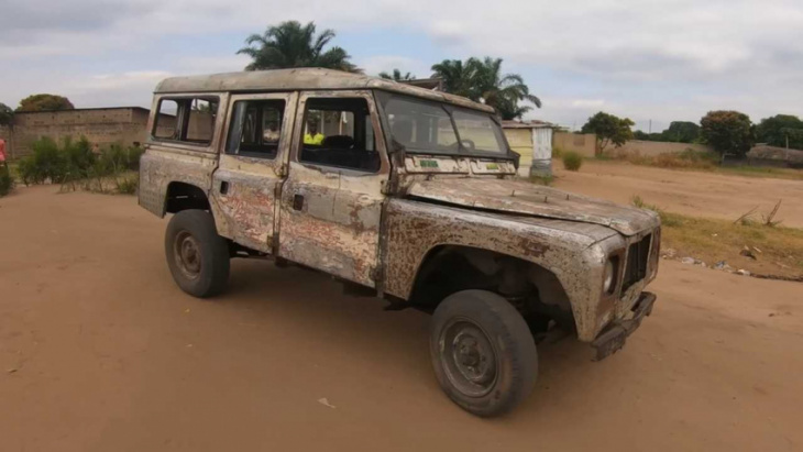 this is the most beat-up land rover defender we’ve ever seen