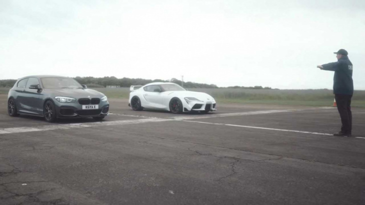 toyota supra drag races bmw m140i with same engine and power