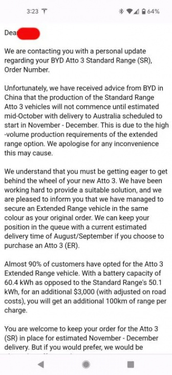 customers told byd atto 3 standard range delayed