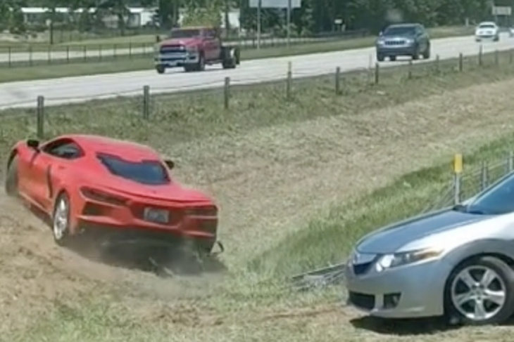 c8 corvette driver attempts to avoid traffic by driving across median, trashes car instead