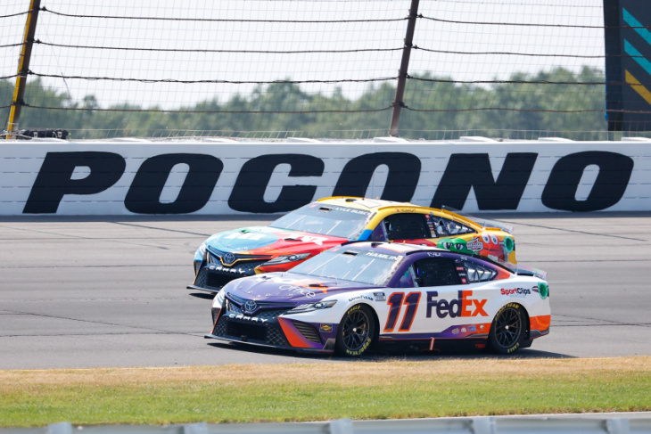 denny hamlin takes out ross chastain on way to nascar cup win at pocono