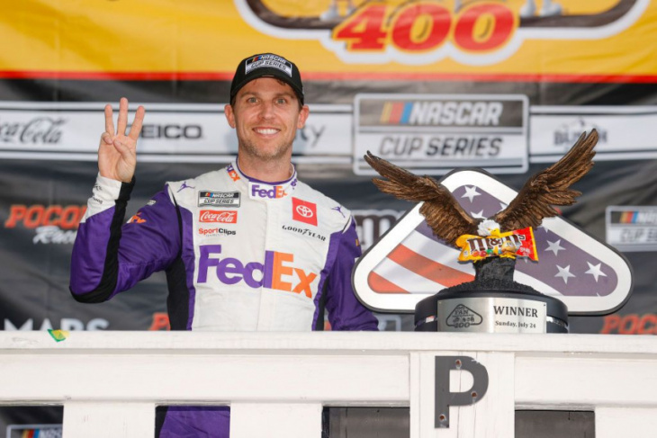 denny hamlin takes out ross chastain on way to nascar cup win at pocono
