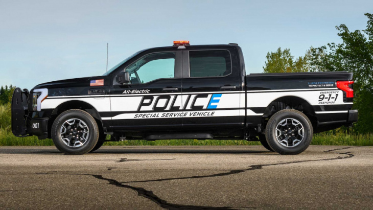 electric ford f-150 lightning goes to the police academy, sprouts light bar