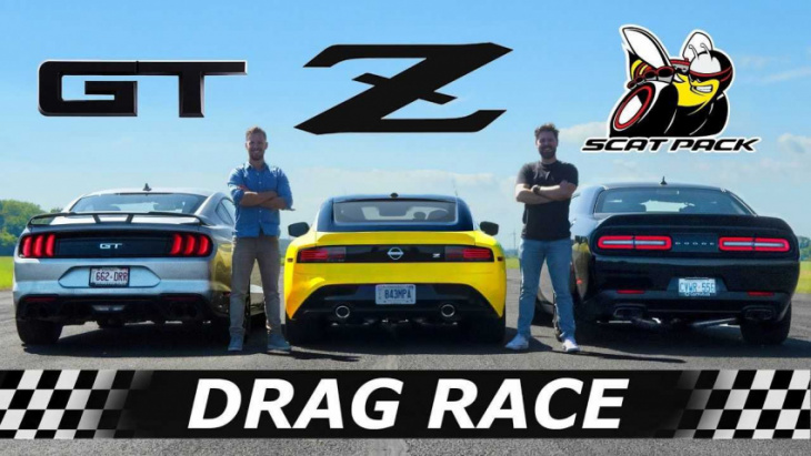 2023 nissan z meets ford mustang gt and dodge challenger in drag race