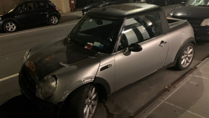 mini camino: someone in nyc chopped a mini cooper into a tiny pickup truck, and we’re all about it