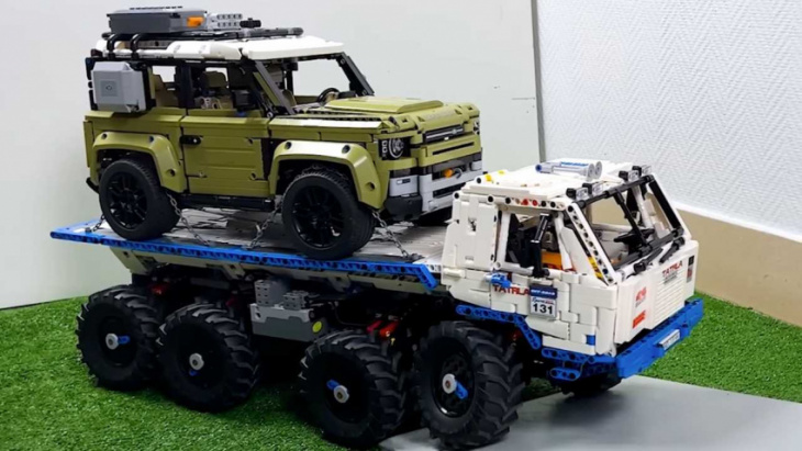 new land rover defender ends up on a tow truck... in lego form
