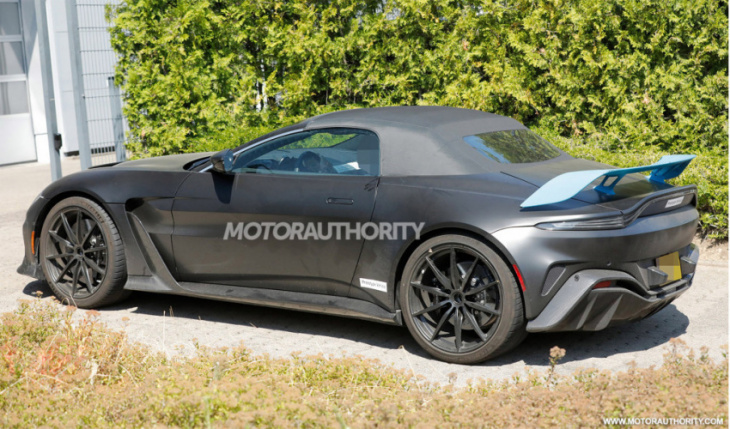 2023 aston martin v12 vantage roadster spy shots: hardcore sports car about to drop its top