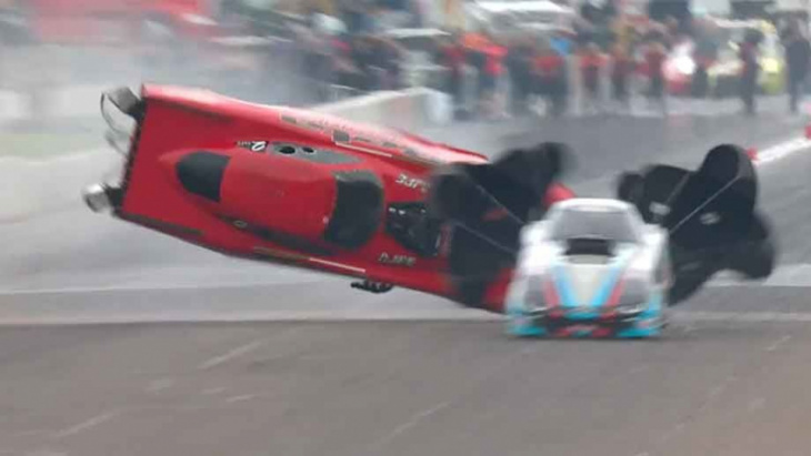 nhra top alcohol funny car flips, crashes onto wall at brainerd