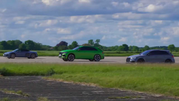 audi r8 drag races tuned rs3, rs q8 in thrilling sibling showdown