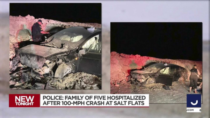 tesla crashes at 100 mph at salt flats: family of five survives