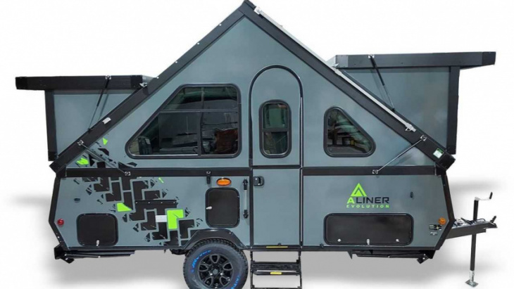 aliner evolution is an a-frame camping trailer with a shower inside