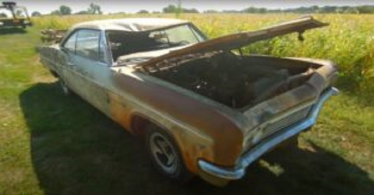 chevrolet impala 1966 sitting for 35 years in a field hides a mystery under the hood.
