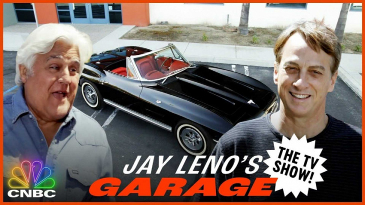 jay leno goes for a ride in tony hawk’s tesla-swapped 1964 corvette