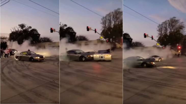 mustang and corvette collide in street takeover