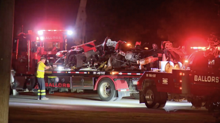 c7 corvette smashes into pole, sends transformer flying into box truck in horrific crash