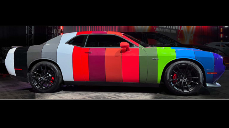 dodge challenger 'paint chip' wrap shows off all 14 colors for 2023