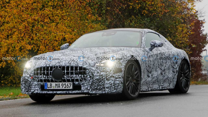 mercedes-amg gt 53 coupe spied unable to hide phev powertrain