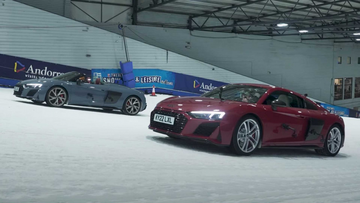 audi r8 drag races itself in rwd vs awd duel on an indoor ski slope