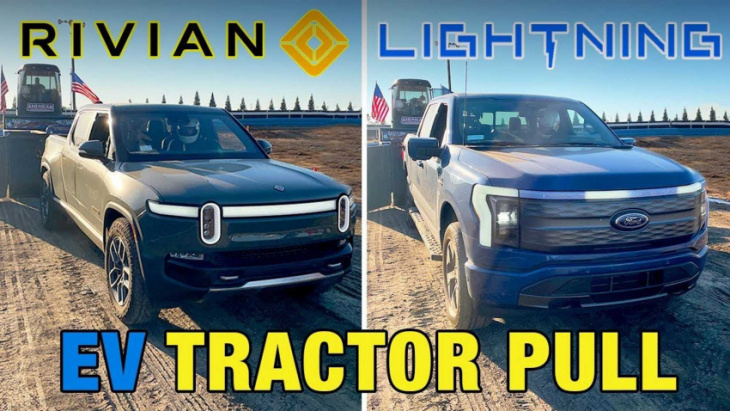 rivian r1t vs ford f-150 lightning: 30,000-pound tractor pull trial