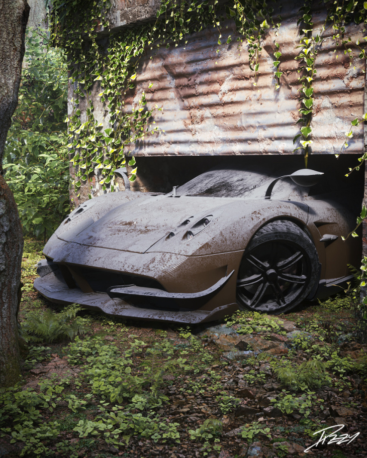 an artist has rendered these amazing pictures of abandoned modern supercars