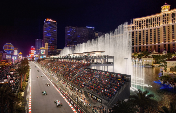 f1 las vegas grand prix: amazing first rendering of bellagio fountains grandstands