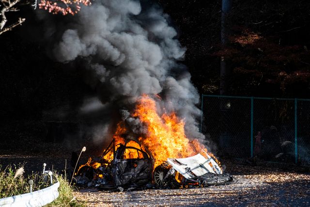 hybrid hyundai wrc rally car catches fire, burns for an hour