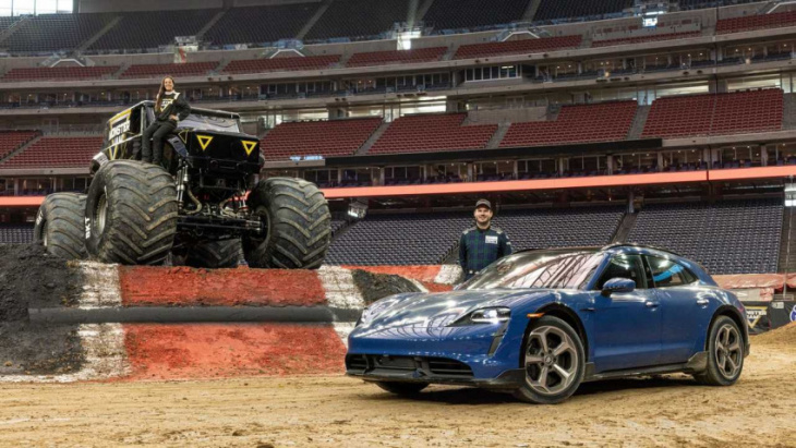 porsche taycan cross turismo vs monster truck is a most unlikely matchup