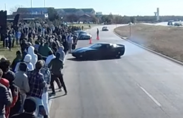 c6 corvette does its best mustang impression by barreling into crowd at cars and coffee