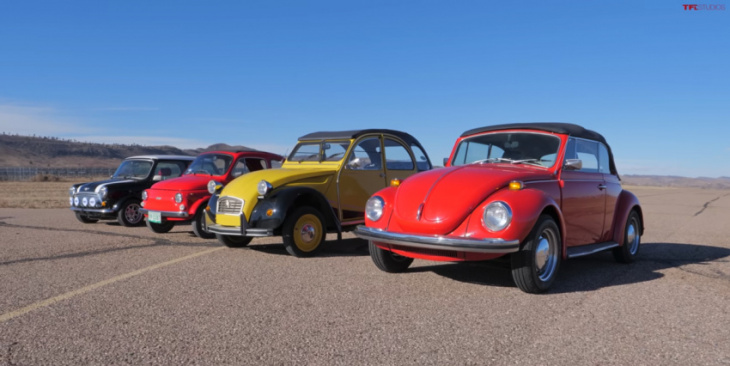 watch the original vw beetle race a mini, a 2cv, and a fiat 500